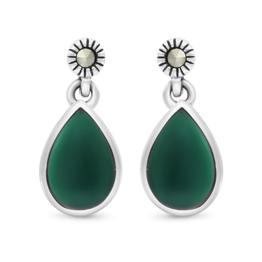 [EAR04MAR00GAGA410] Sterling Silver 925 Earring Embedded With Natural Green Agate And Marcasite Stones