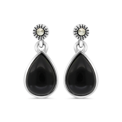 [EAR04MAR00ONXA410] Sterling Silver 925 Earring Embedded With Natural Black Agate And Marcasite Stones