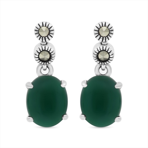 [EAR04MAR00GAGA412] Sterling Silver 925 Earring Embedded With Natural Green Agate And Marcasite Stones