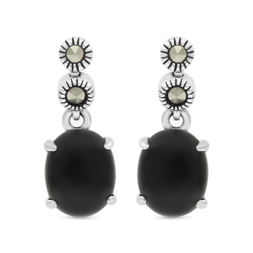 [EAR04MAR00ONXA412] Sterling Silver 925 Earring Embedded With Natural Black Agate And Marcasite Stones