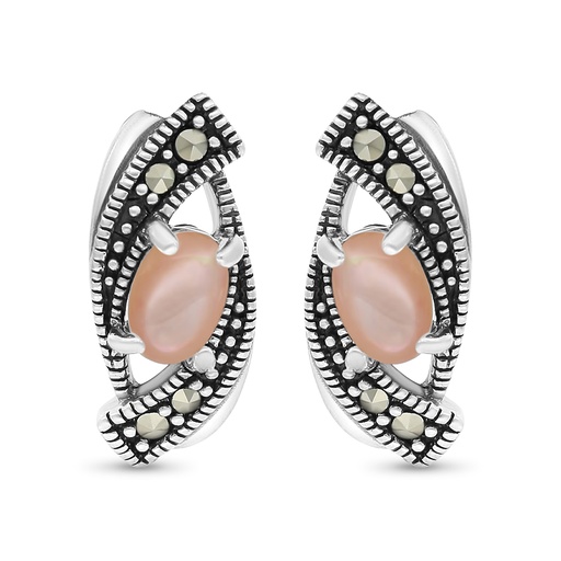 [EAR04MAR00PNKA413] Sterling Silver 925 Earring Embedded With Natural Pink Shell And Marcasite Stones