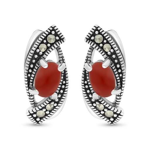 [EAR04MAR00RAGA413] Sterling Silver 925 Earring Embedded With Natural Aqiq And Marcasite Stones