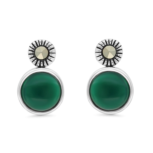 [EAR04MAR00GAGA419] Sterling Silver 925 Earring Embedded With Natural Green Agate And Marcasite Stones