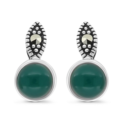 [EAR04MAR00GAGA420] Sterling Silver 925 Earring Embedded With Natural Green Agate And Marcasite Stones