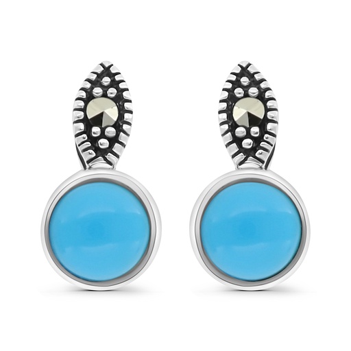 [EAR04MAR00TRQA420] Sterling Silver 925 Earring Embedded With Natural Processed Turquoise And Marcasite Stones