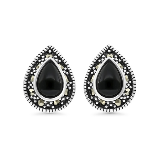 [EAR04MAR00ONXA484] Sterling Silver 925 Earring Embedded With Natural Black Agate And Marcasite Stones