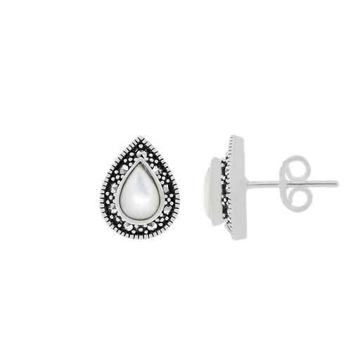 [EAR04MAR00MOPA484] Sterling Silver 925 Earring Embedded With Natural White Shell And Marcasite Stones