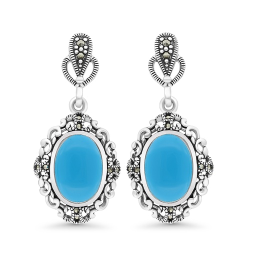 [EAR04MAR00TRQA422] Sterling Silver 925 Earring Embedded With Natural Processed Turquoise And Marcasite Stones