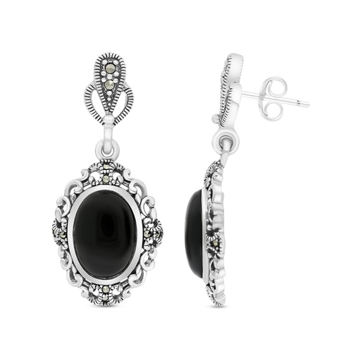 [EAR04MAR00ONXA422] Sterling Silver 925 Earring Embedded With Natural Black Agate And Marcasite Stones