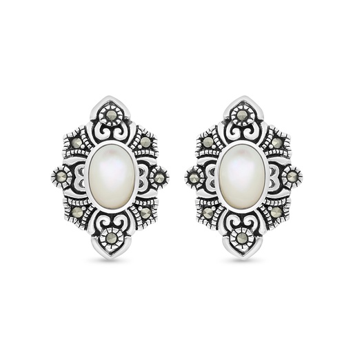 [EAR04MAR00MOPA423] Sterling Silver 925 Earring Embedded With Natural White Shell And Marcasite Stones