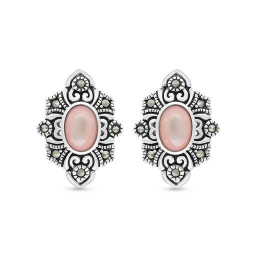 [EAR04MAR00PNKA423] Sterling Silver 925 Earring Embedded With Natural Pink Shell And Marcasite Stones