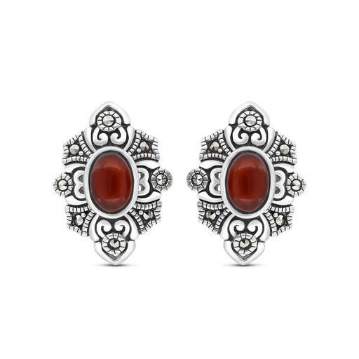 [EAR04MAR00RAGA423] Sterling Silver 925 Earring Embedded With Natural Aqiq And Marcasite Stones