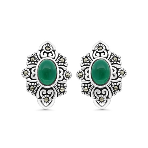[EAR04MAR00GAGA423] Sterling Silver 925 Earring Embedded With Natural Green Agate And Marcasite Stones