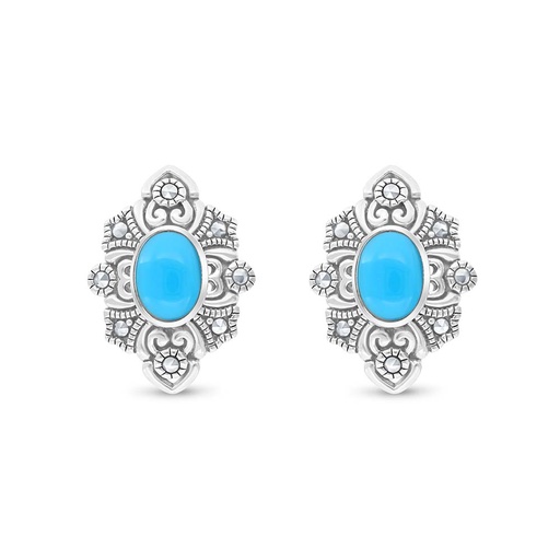 [EAR04MAR00TRQA423] Sterling Silver 925 Earring Embedded With Natural Processed Turquoise And Marcasite Stones