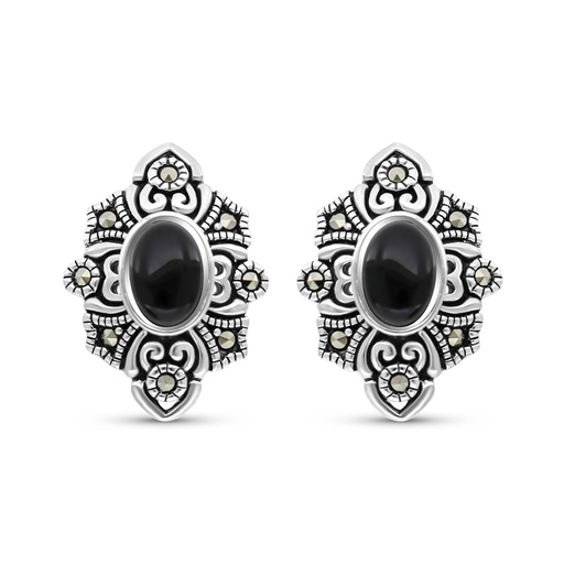 [EAR04MAR00ONXA423] Sterling Silver 925 Earring Embedded With Natural Black Agate And Marcasite Stones