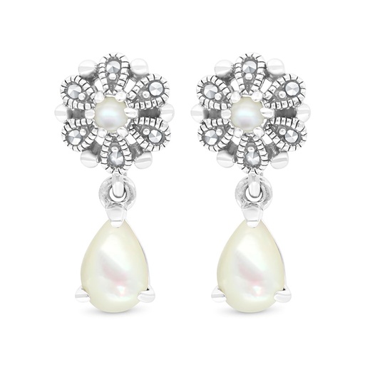 [EAR04MAR00MOPA424] Sterling Silver 925 Earring Embedded With Natural White Shell And Marcasite Stones