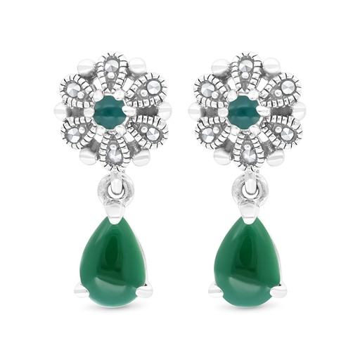 [EAR04MAR00GAGA424] Sterling Silver 925 Earring Embedded With Natural Green Agate And Marcasite Stones