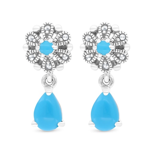[EAR04MAR00TRQA424] Sterling Silver 925 Earring Embedded With Natural Processed Turquoise And Marcasite Stones