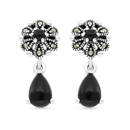 [EAR04MAR00ONXA424] Sterling Silver 925 Earring Embedded With Natural Black Agate And Marcasite Stones