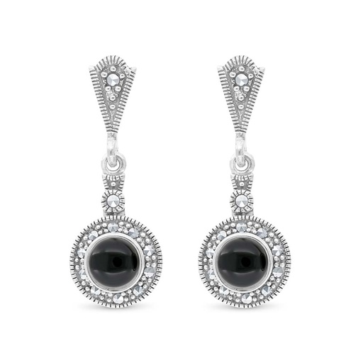 [EAR04MAR00ONXA426] Sterling Silver 925 Earring Embedded With Natural Black Agate And Marcasite Stones