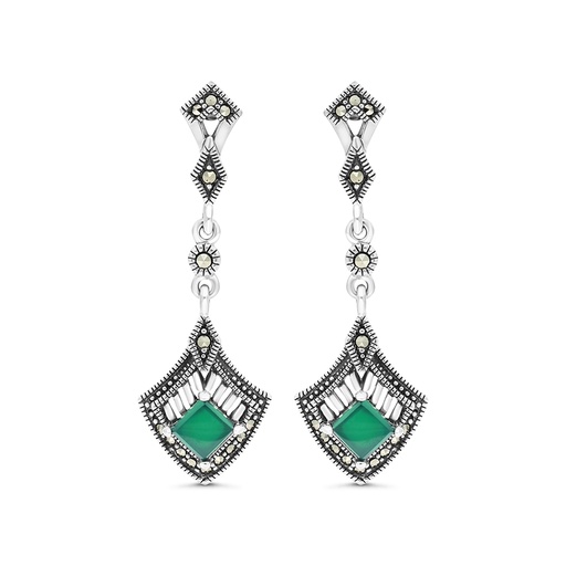 [EAR04MAR00GAGA431] Sterling Silver 925 Earring Embedded With Natural Green Agate And Marcasite Stones