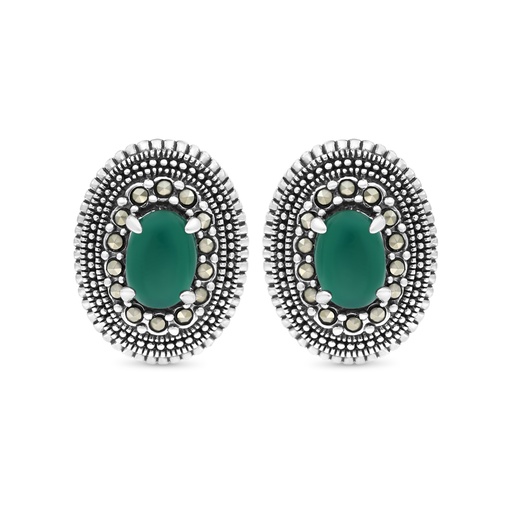 [EAR04MAR00GAGA432] Sterling Silver 925 Earring Embedded With Natural Green Agate And Marcasite Stones