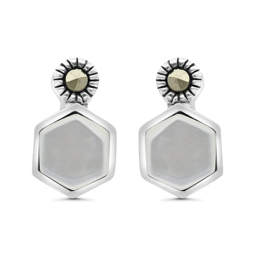 [EAR04MAR00MOPA433] Sterling Silver 925 Earring Embedded With Natural White Shell And Marcasite Stones