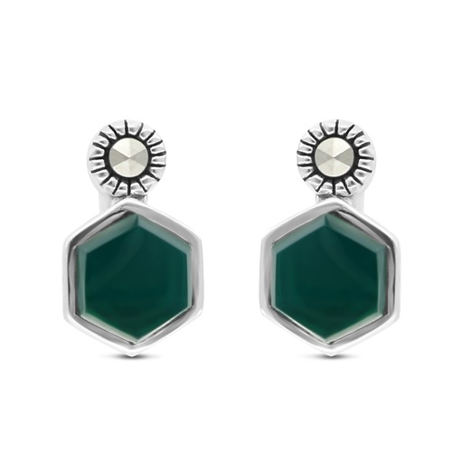 [EAR04MAR00GAGA433] Sterling Silver 925 Earring Embedded With Natural Green Agate And Marcasite Stones