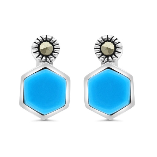 [EAR04MAR00TRQA433] Sterling Silver 925 Earring Embedded With Natural Processed Turquoise And Marcasite Stones