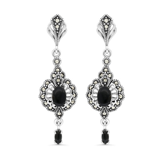 [EAR04MAR00ONXA435] Sterling Silver 925 Earring Embedded With Natural Black Agate And Marcasite Stones