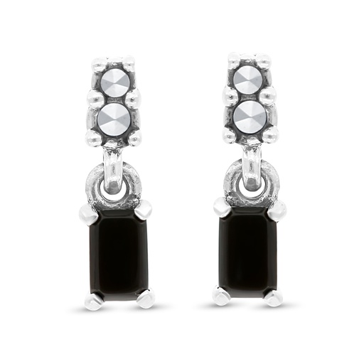 [EAR04MAR00ONXA437] Sterling Silver 925 Earring Embedded With Natural Black Agate And Marcasite Stones