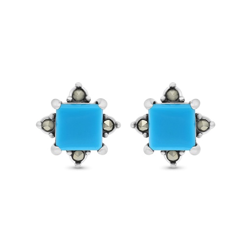 [EAR04MAR00TRQA438] Sterling Silver 925 Earring Embedded With Natural Processed Turquoise And Marcasite Stones