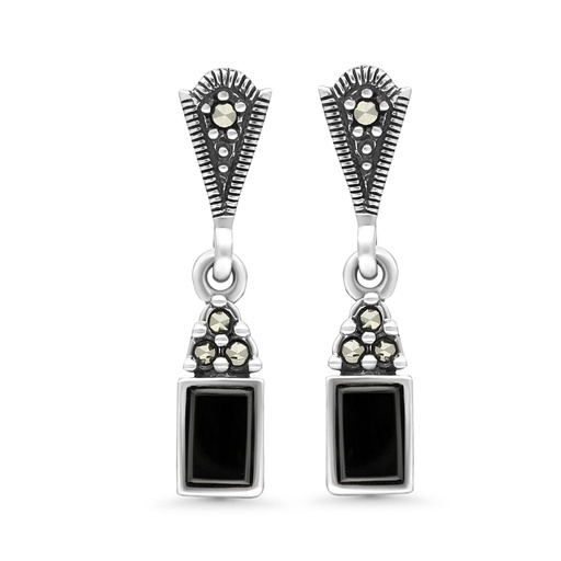 [EAR04MAR00ONXA439] Sterling Silver 925 Earring Embedded With Natural Black Agate And Marcasite Stones