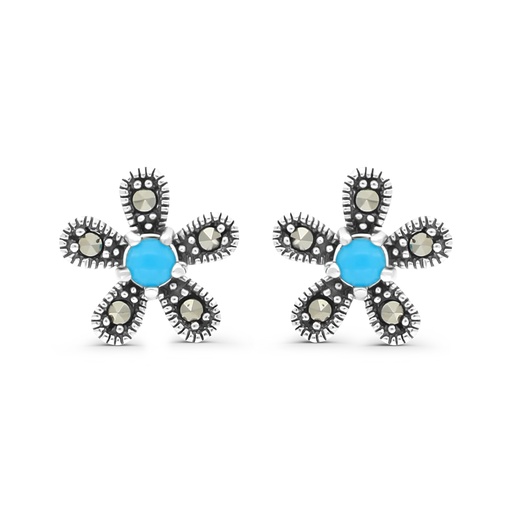 [EAR04MAR00TRQA440] Sterling Silver 925 Earring Embedded With Natural Processed Turquoise And Marcasite Stones