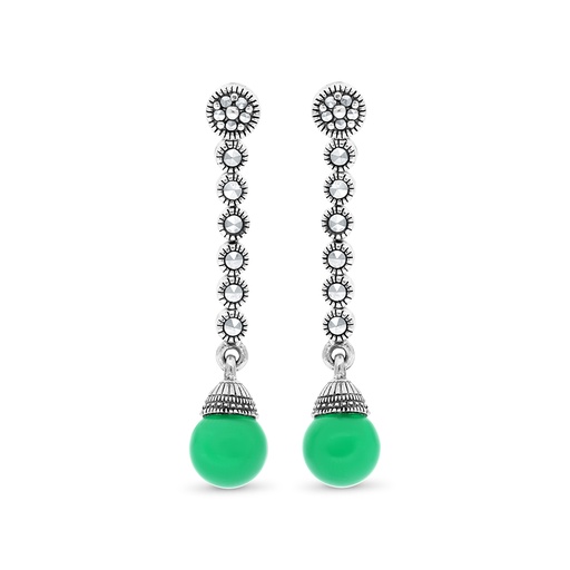 [EAR04MAR00GAGA441] Sterling Silver 925 Earring Embedded With Natural Green Agate And Marcasite Stones