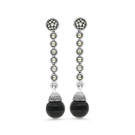 [EAR04MAR00ONXA441] Sterling Silver 925 Earring Embedded With Natural Black Agate And Marcasite Stones