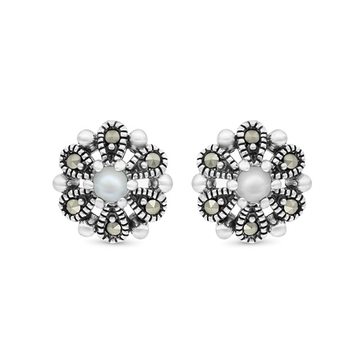 [EAR04MAR00MOPA442] Sterling Silver 925 Earring Embedded With Natural White Shell And Marcasite Stones
