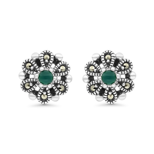 [EAR04MAR00GAGA442] Sterling Silver 925 Earring Embedded With Natural Green Agate And Marcasite Stones