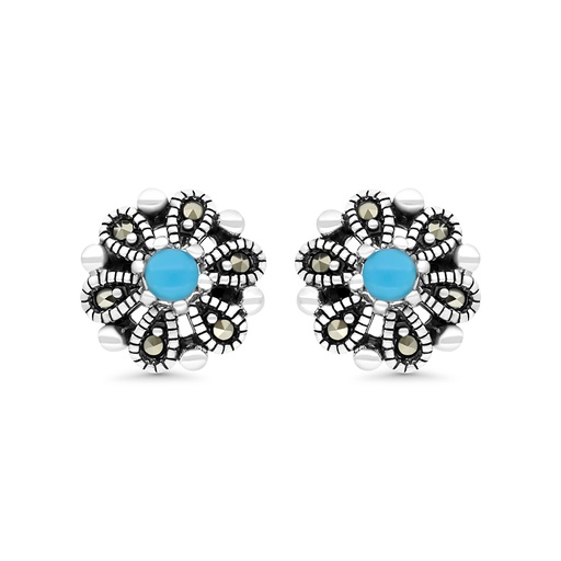 [EAR04MAR00TRQA442] Sterling Silver 925 Earring Embedded With Natural Processed Turquoise And Marcasite Stones