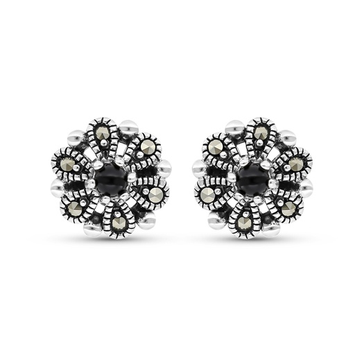 [EAR04MAR00ONXA442] Sterling Silver 925 Earring Embedded With Natural Black Agate And Marcasite Stones