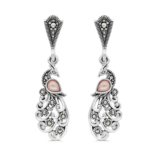 [EAR04MAR00PNKA443] Sterling Silver 925 Earring Embedded With Natural Pink Shell And Marcasite Stones