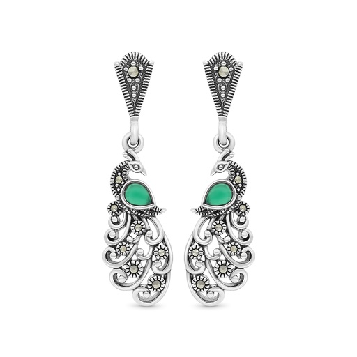 [EAR04MAR00GAGA443] Sterling Silver 925 Earring Embedded With Natural Green Agate And Marcasite Stones
