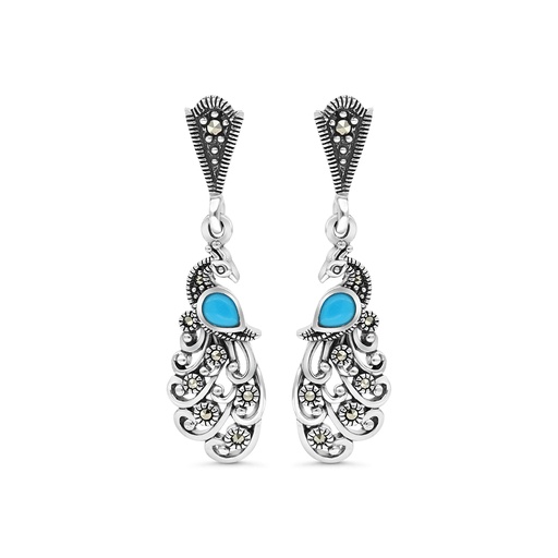 [EAR04MAR00TRQA443] Sterling Silver 925 Earring Embedded With Natural Processed Turquoise And Marcasite Stones