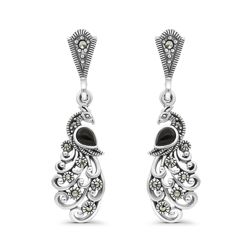 [EAR04MAR00ONXA443] Sterling Silver 925 Earring Embedded With Natural Black Agate And Marcasite Stones
