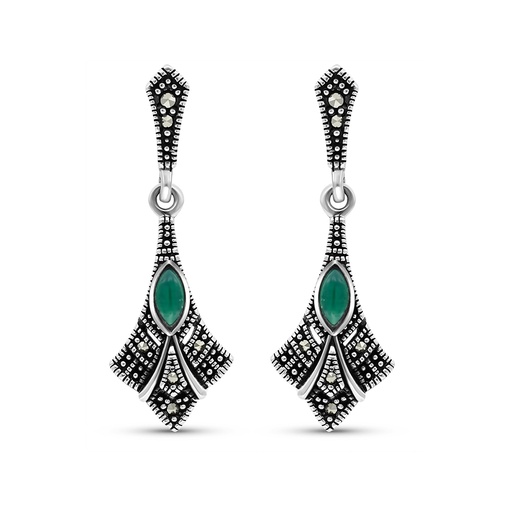 [EAR04MAR00GAGA444] Sterling Silver 925 Earring Embedded With Natural Green Agate And Marcasite Stones