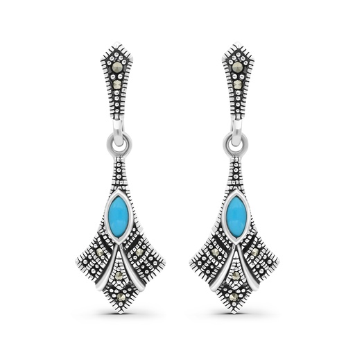 [EAR04MAR00TRQA444] Sterling Silver 925 Earring Embedded With Natural Processed Turquoise And Marcasite Stones