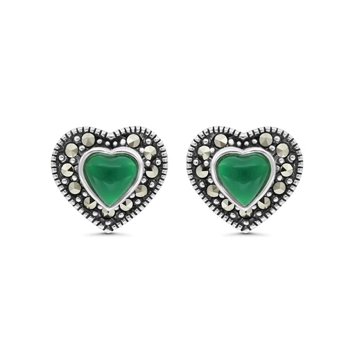 [EAR04MAR00GAGA445] Sterling Silver 925 Earring Embedded With Natural Green Agate And Marcasite Stones