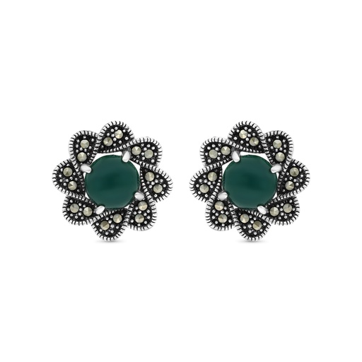 [EAR04MAR00GAGA447] Sterling Silver 925 Earring Embedded With Natural Green Agate And Marcasite Stones