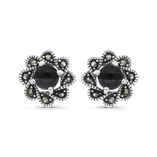 [EAR04MAR00ONXA447] Sterling Silver 925 Earring Embedded With Natural Black Agate And Marcasite Stones