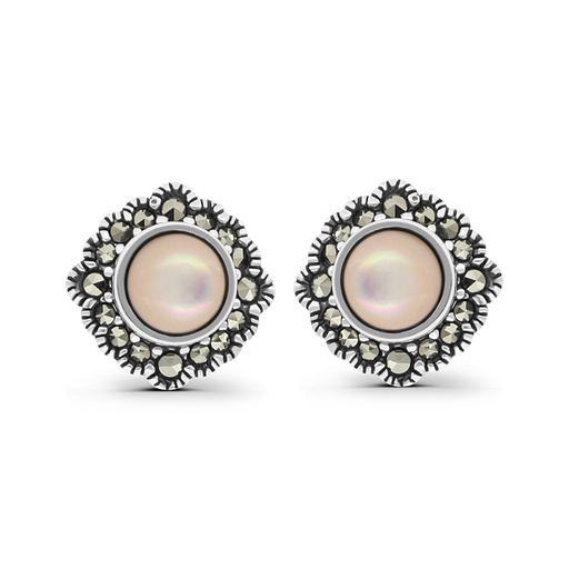 [EAR04MAR00PNKA448] Sterling Silver 925 Earring Embedded With Natural Pink Shell And Marcasite Stones